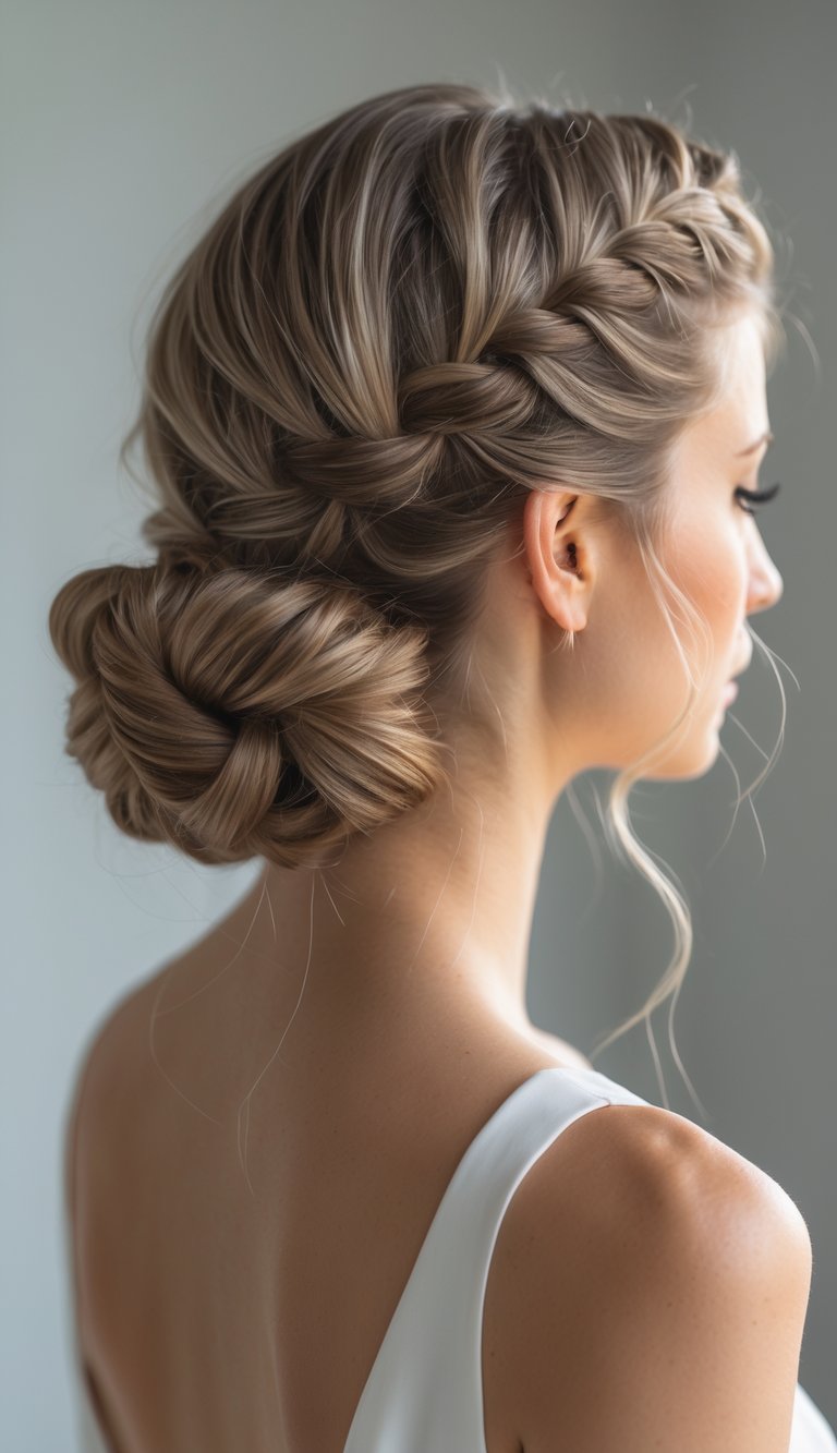 A woman with a half-up fishtail braid hairstyle, shown from the side against a neutral background.