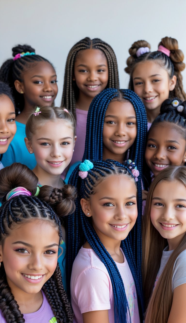 A group of teenage girls smiling and showing different bubble braid hairstyles.