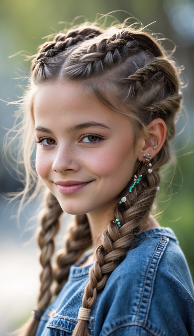 Teenage girl smiling outdoors with neatly twisted braids in her hair.