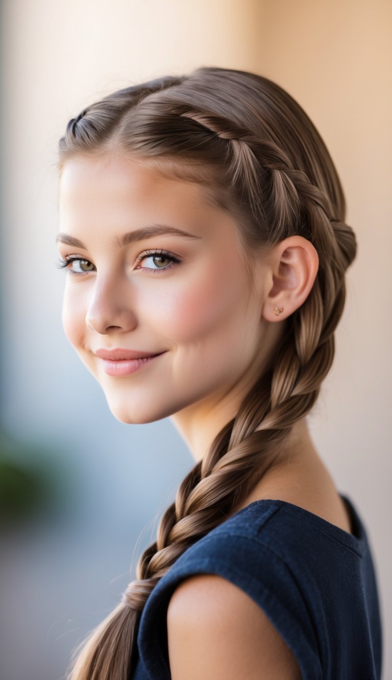 Teenage girl with a side swept braid smiling softly against a blurred background.