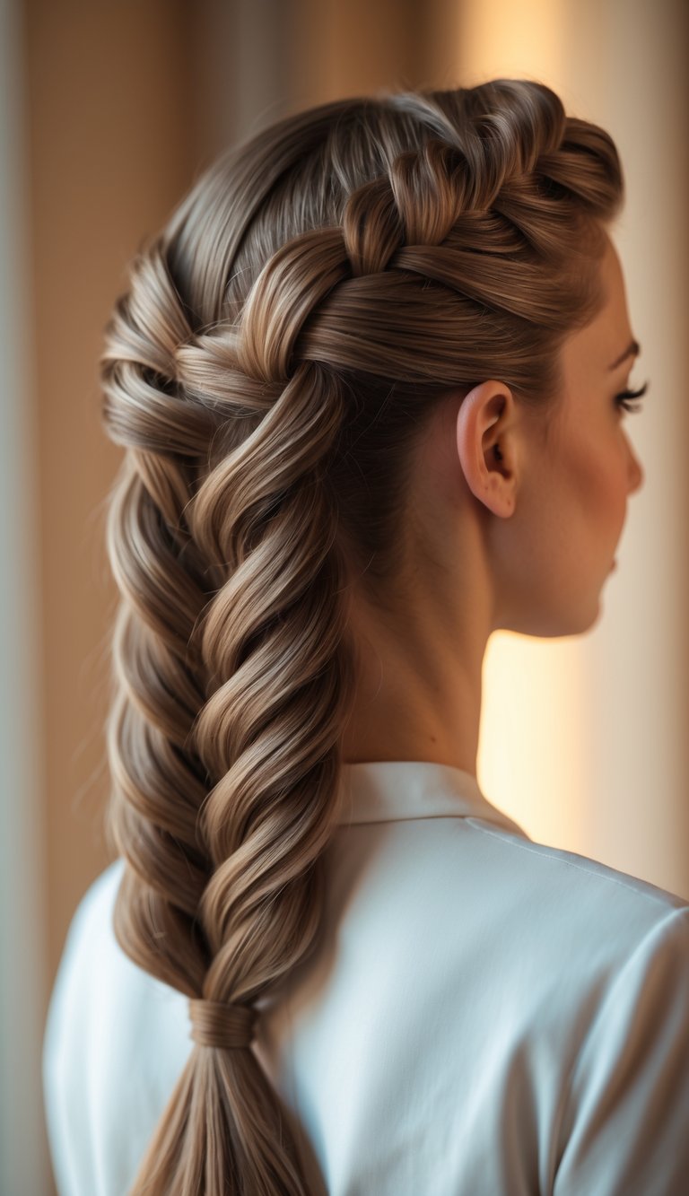 Close-up of a woman with a neatly braided hairstyle, showing the braid from the back and side.