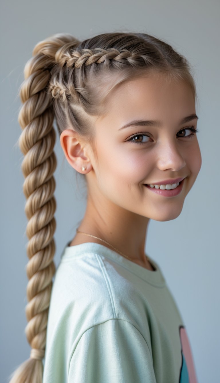 Teenage girl with a rope braid ponytail smiling against a plain background.