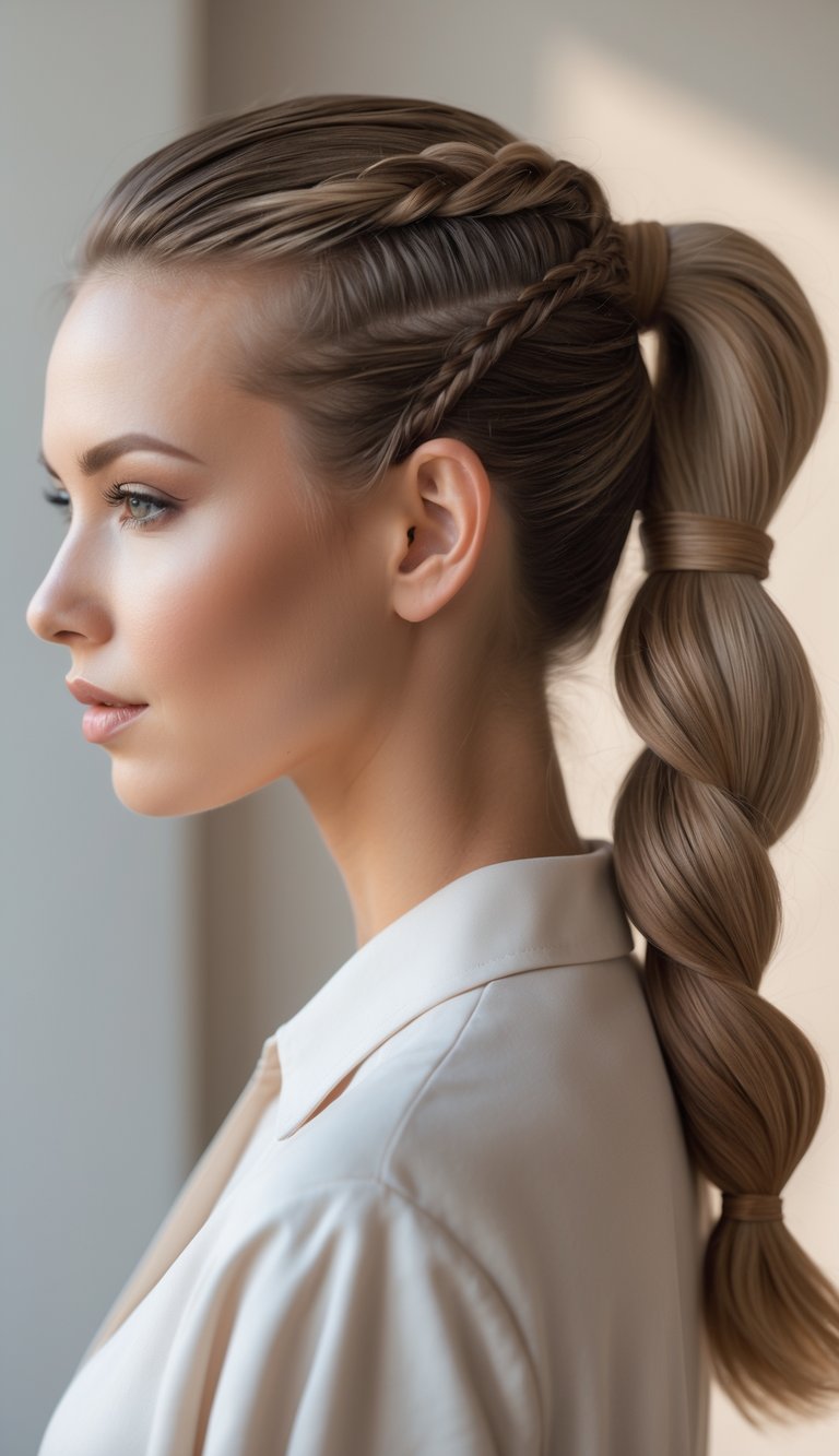 Close-up of a woman with a fishtail braid styled into a ponytail, looking slightly to the side against a blurred neutral background.