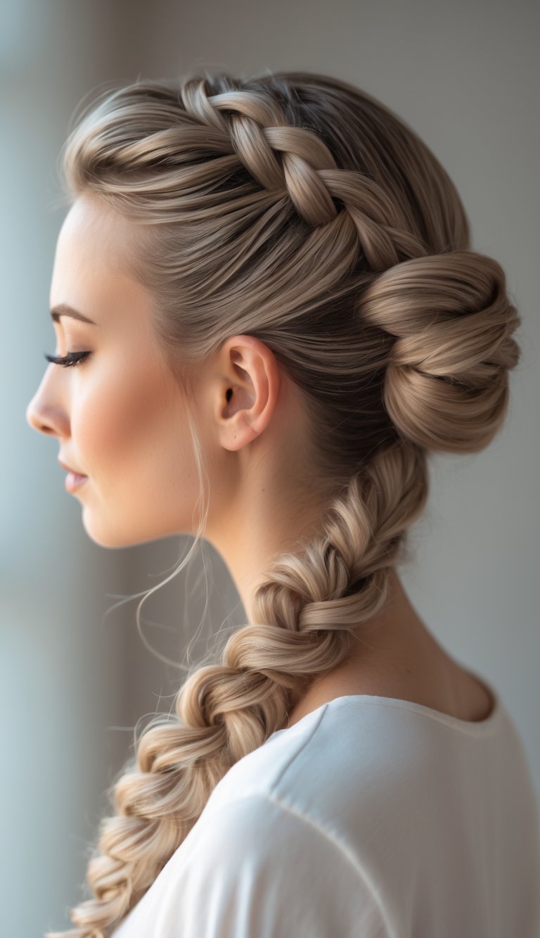 Close-up of a woman with her hair styled in a braided bun viewed from the side.