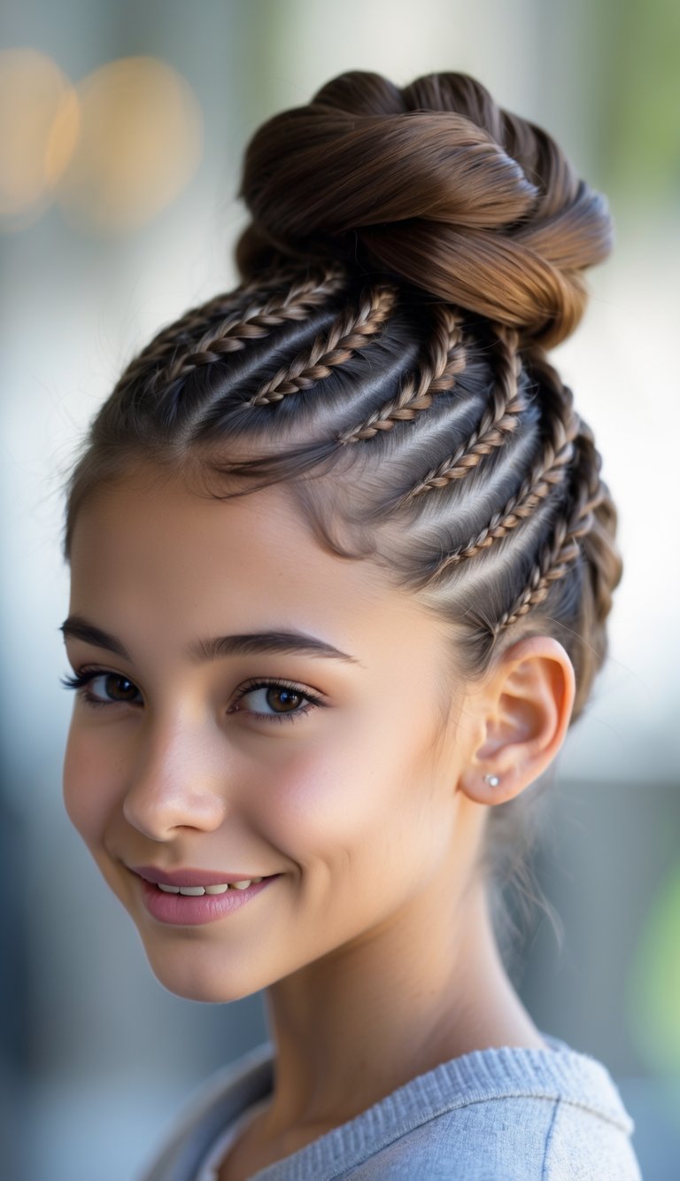 Teenage girl with a braided bun hairstyle smiling softly against a blurred background.
