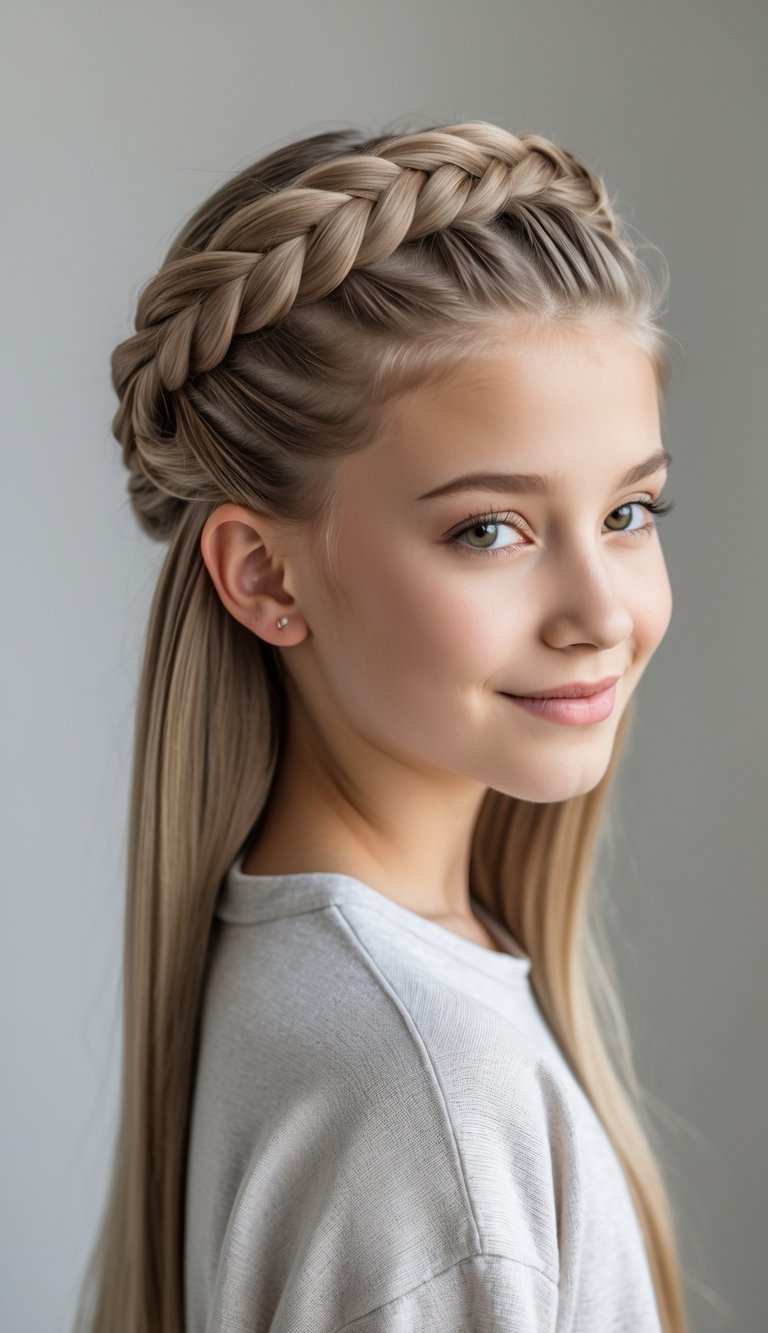 Teenage girl with a half-up braided crown hairstyle smiling in a studio setting.