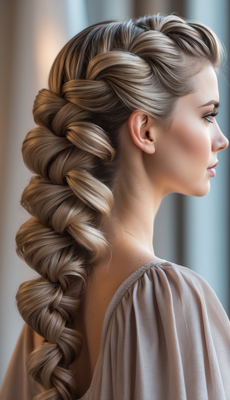 Close-up of a woman with a bubble fishtail braid hairstyle, showing detailed and voluminous braided hair.
