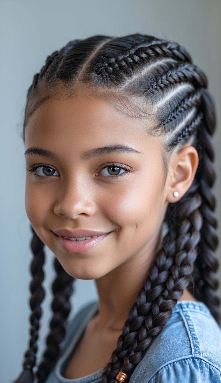 Portrait of a teenage girl smiling with zigzag part braids against a neutral background.