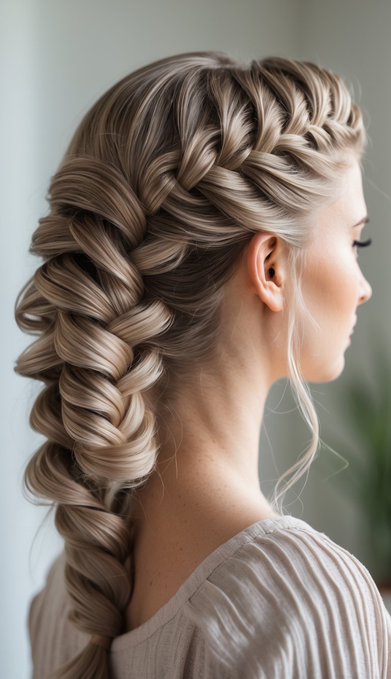 Close-up of a woman with a detailed waterfall fishtail braid hairstyle.