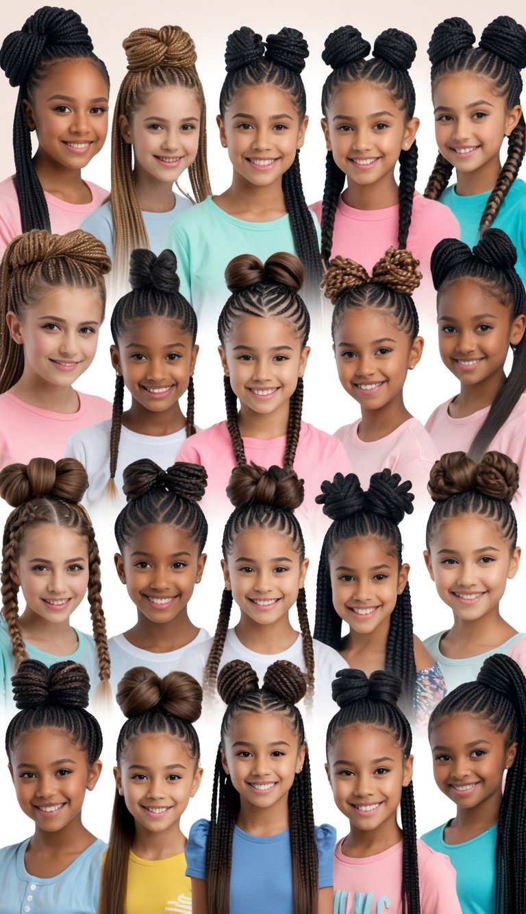 A group of teenage girls with various knotted braid hairstyles smiling and posing against a plain background.