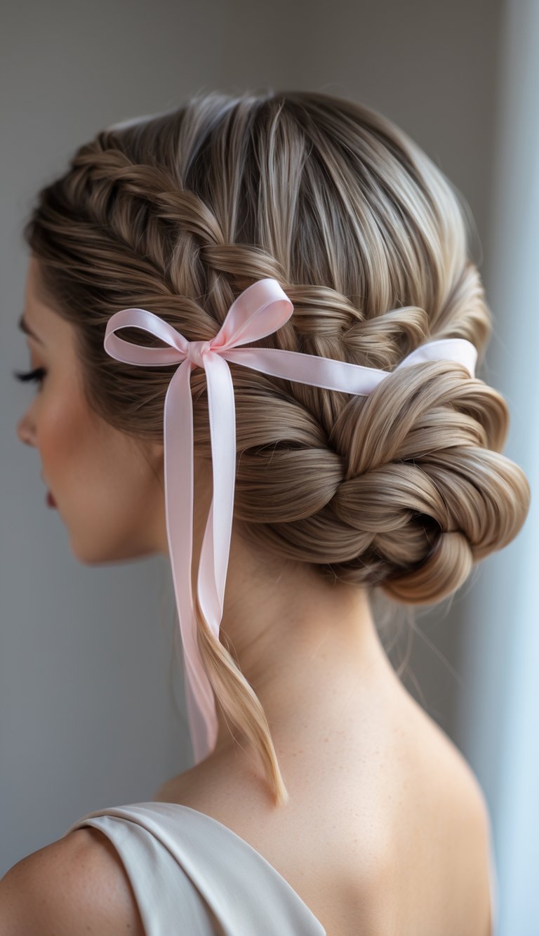 Close-up of a woman with a fishtail braid woven with a ribbon over her shoulder.