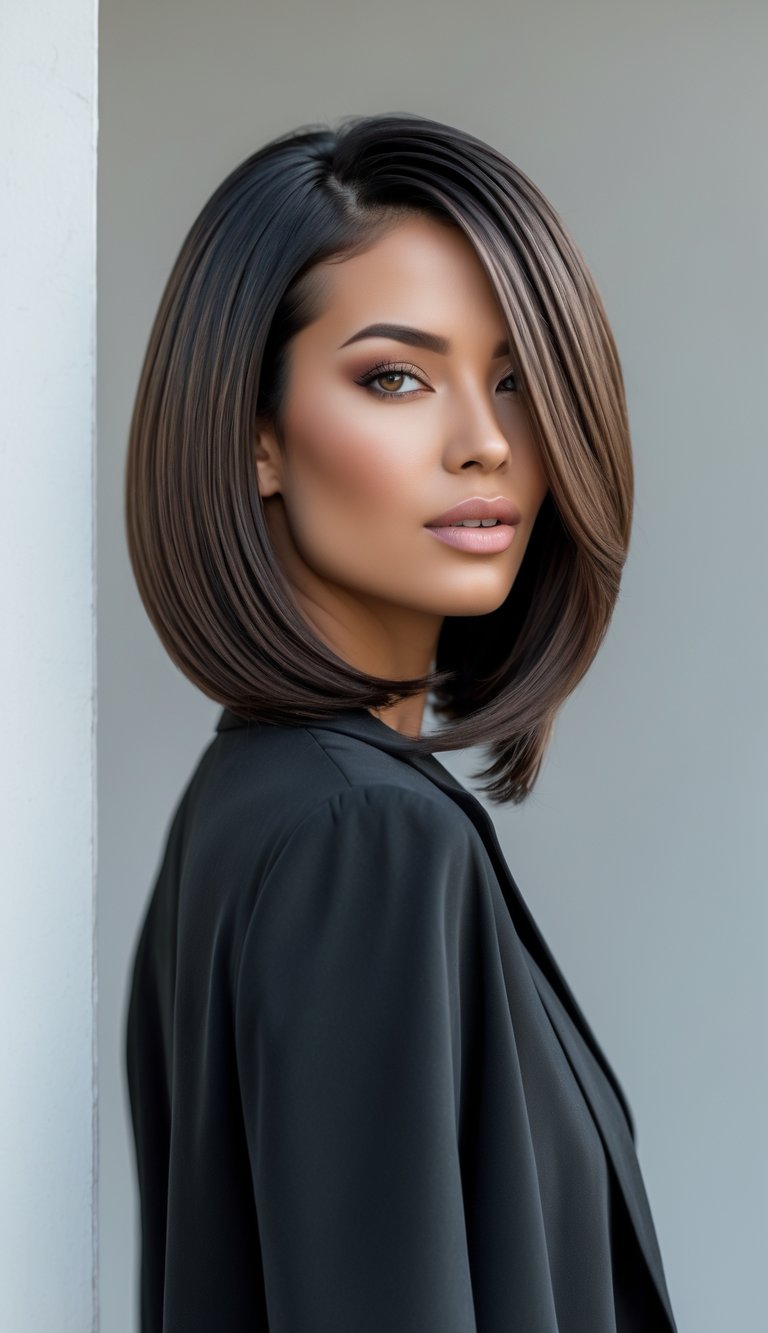 A woman with an asymmetrical long bob hairstyle posing against a neutral background.