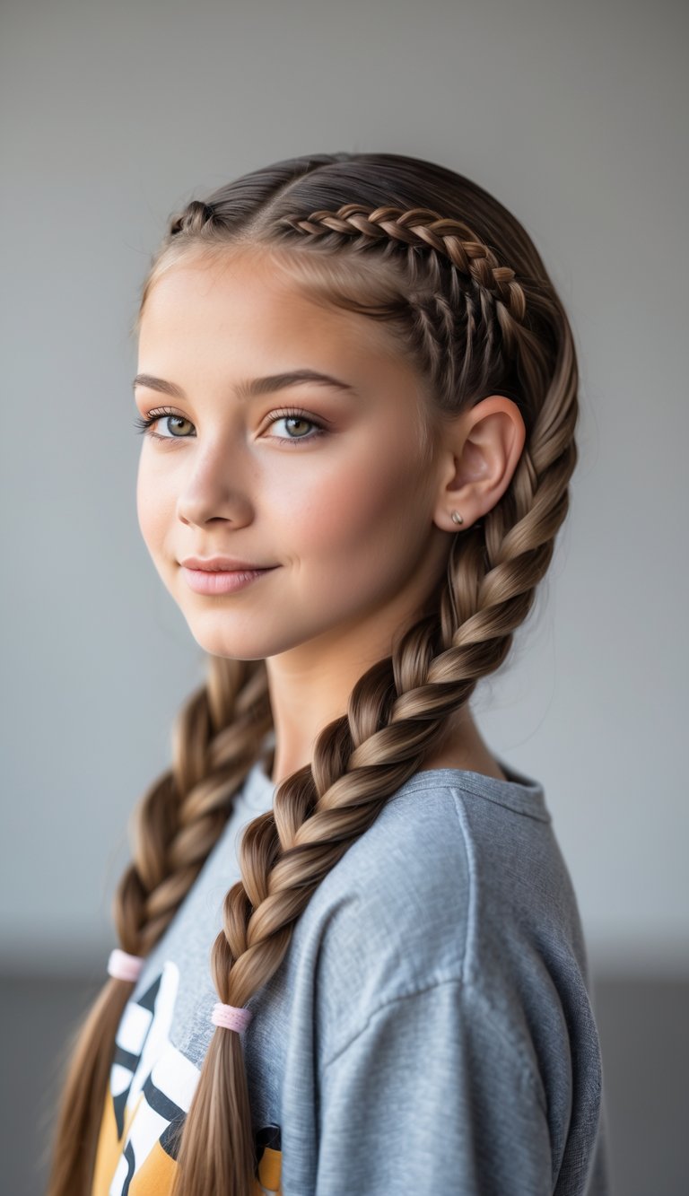 Teenage girl with an intricate chain link braid hairstyle, smiling and looking confident against a neutral background.