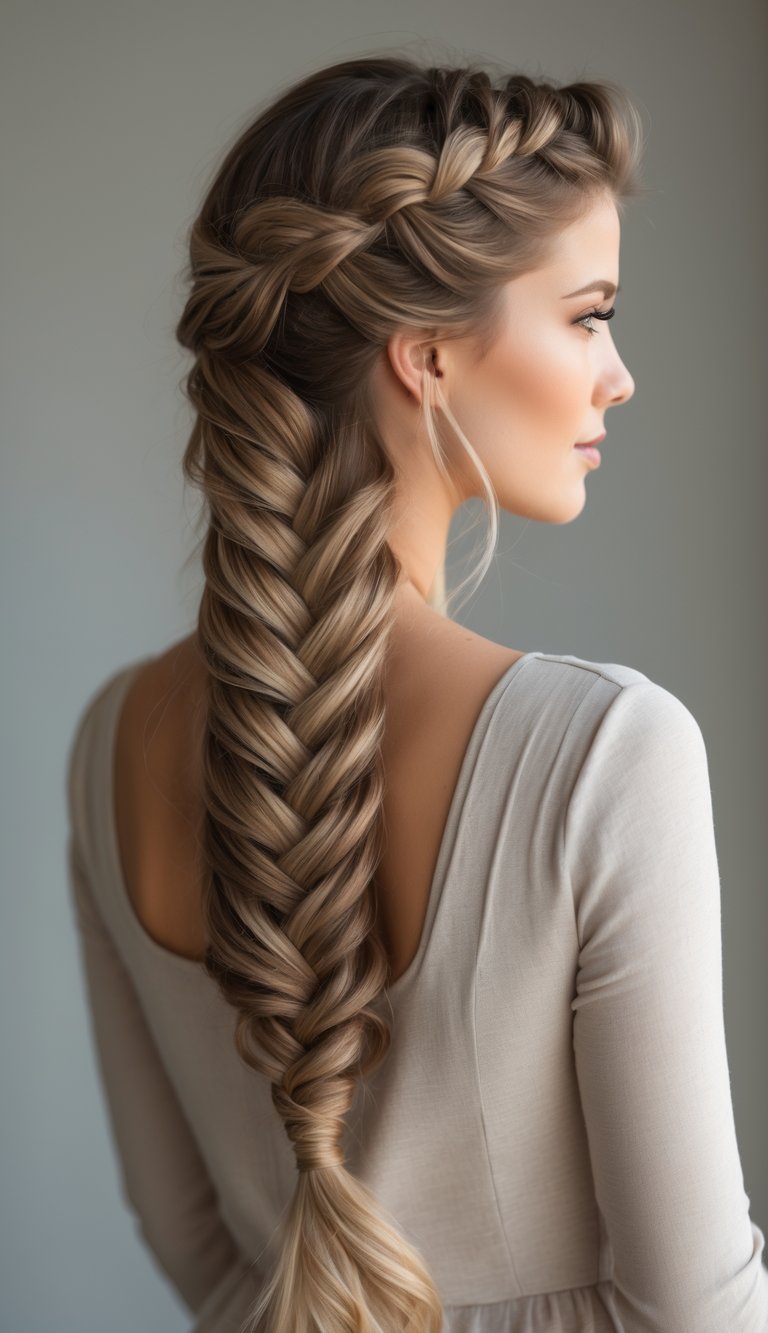 A woman with long hair styled in a detailed fishtail braid, shown from the back against a plain background.