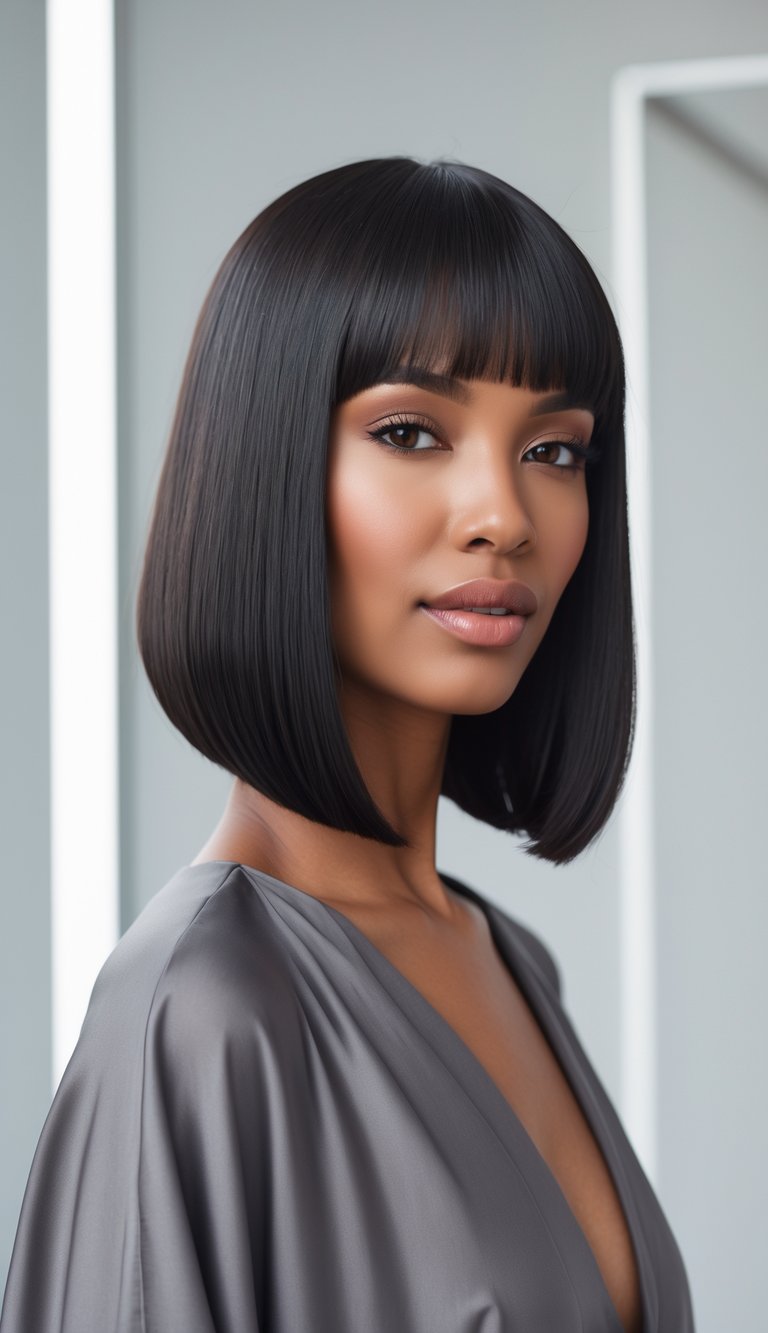 A woman with straight hair cut in a long bob, posing in a studio with a neutral background.