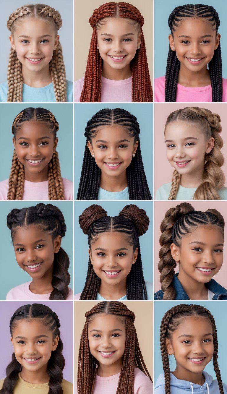 A group of teenage girls smiling and showing different lace braid hairstyles in a bright studio.