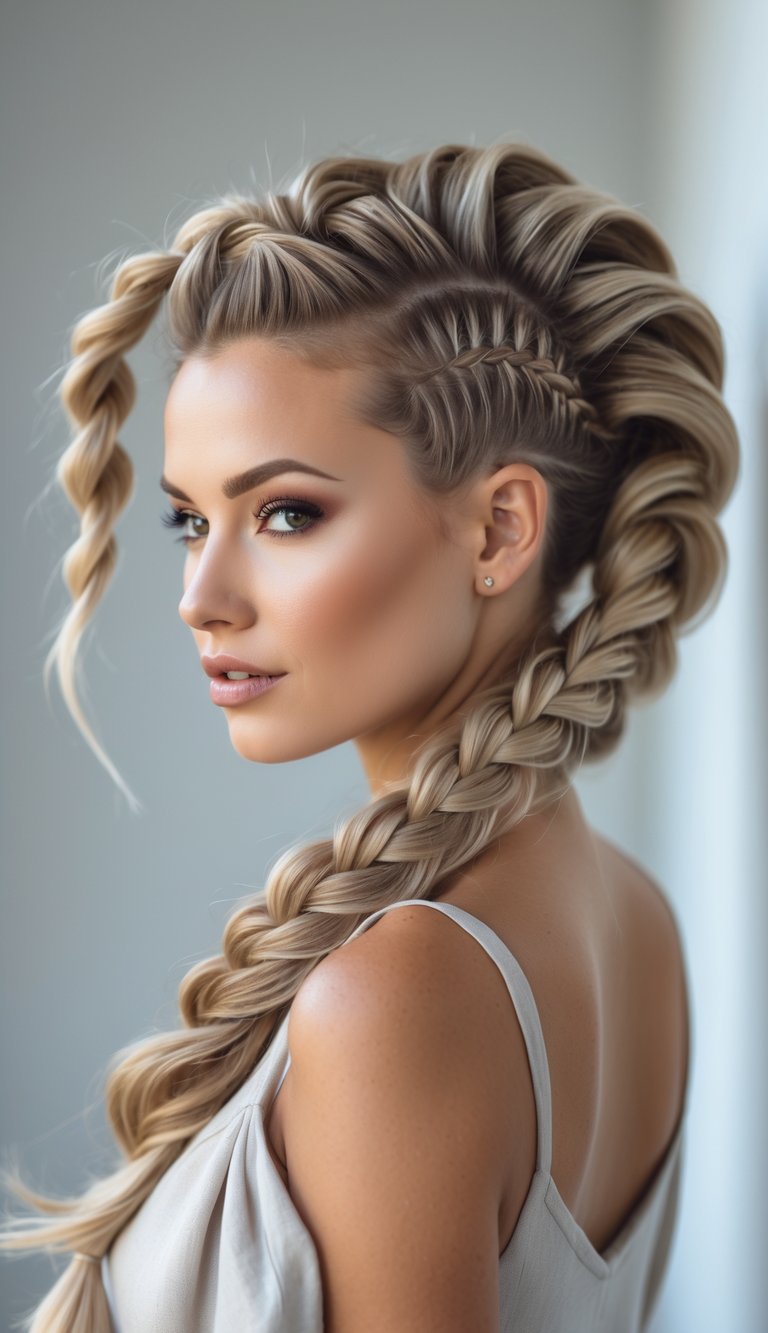 A woman with a fishtail mohawk braid hairstyle against a plain background.