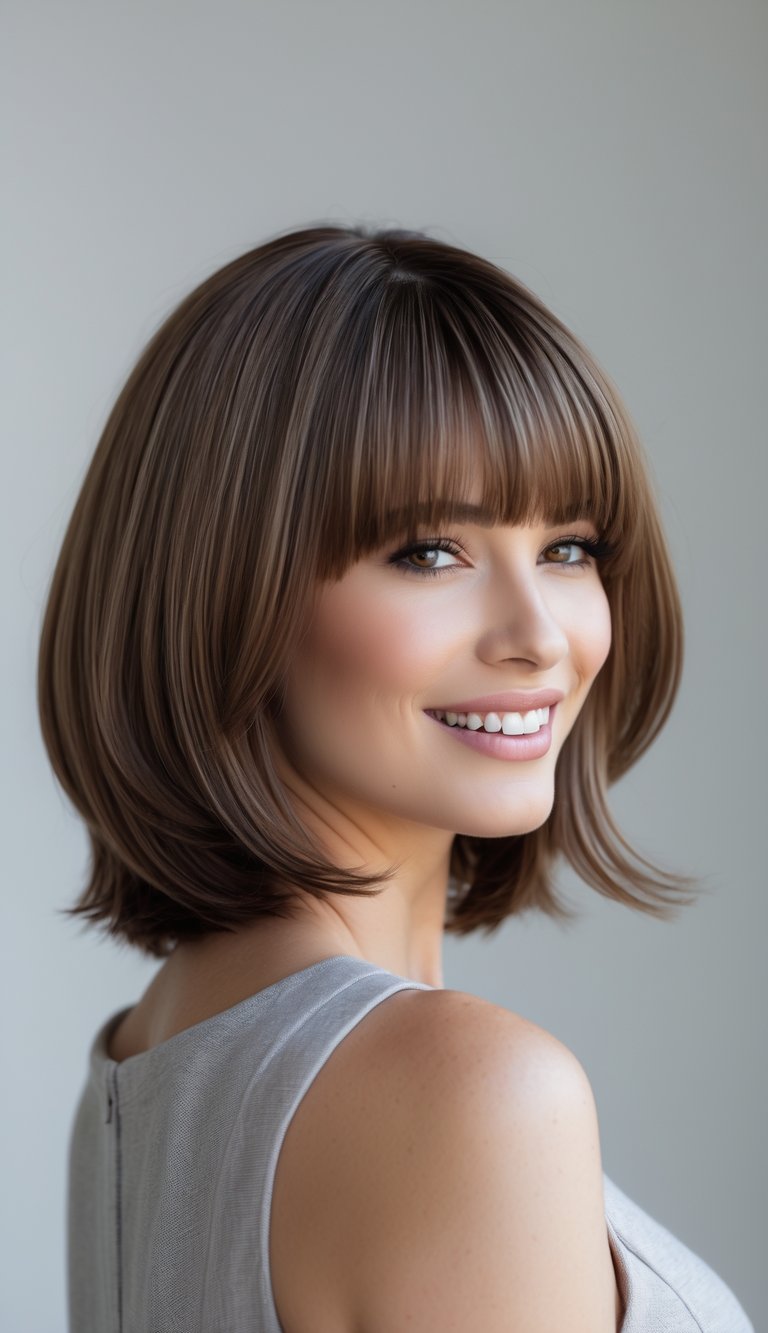 A woman with a shoulder-length layered hairstyle and bangs smiling against a plain background.