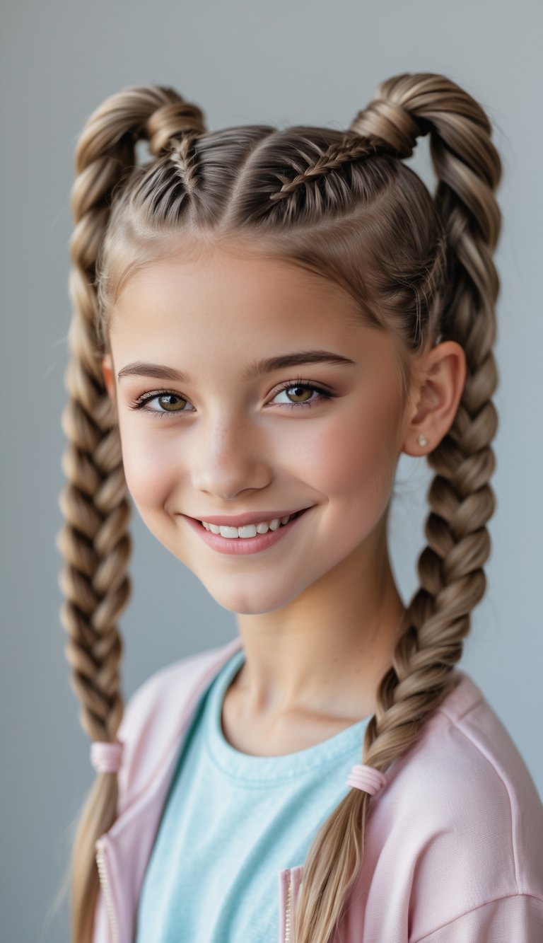 Teenage girl with braided pigtails smiling against a neutral background.