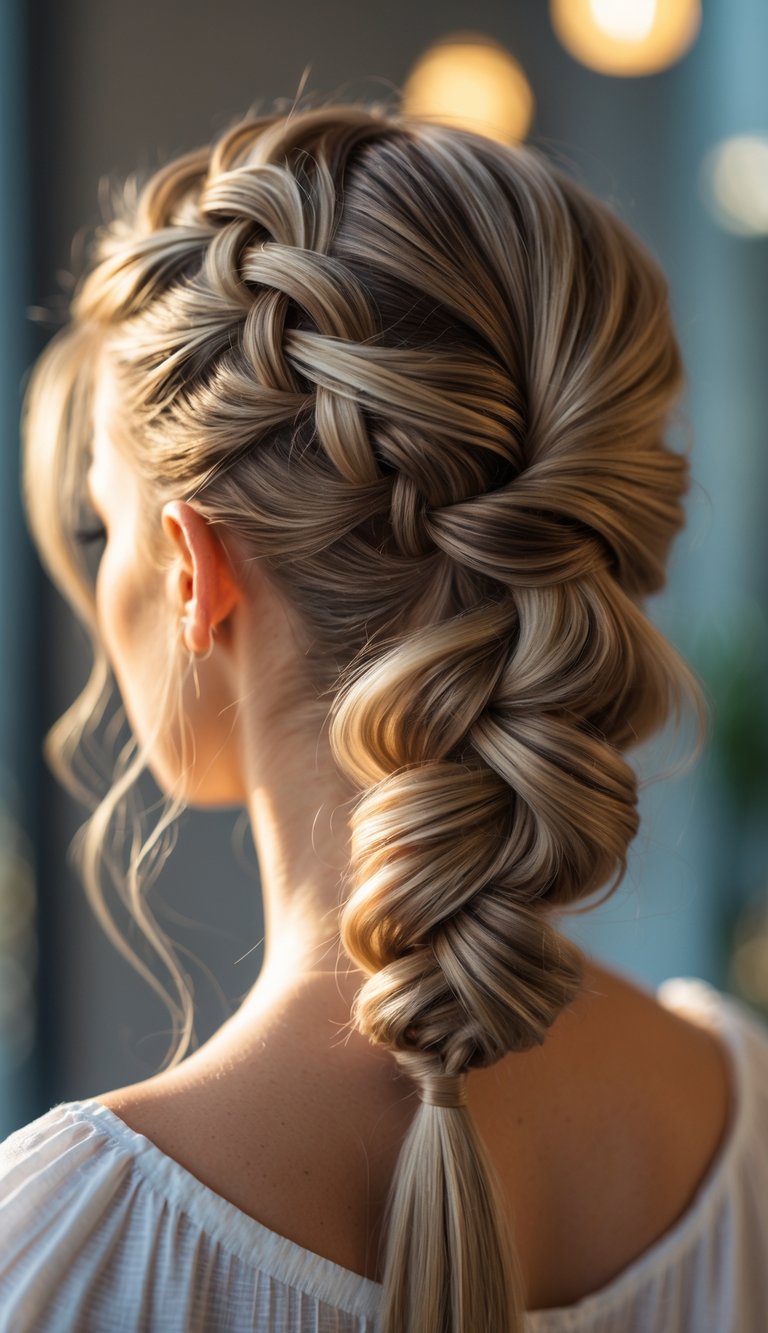 Close-up of a woman's hair styled in a detailed pull-through fishtail braid.