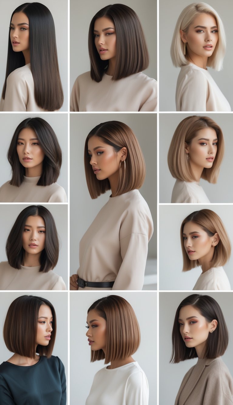 A group of women with long bob haircuts parted to the side, posing in a bright studio setting.