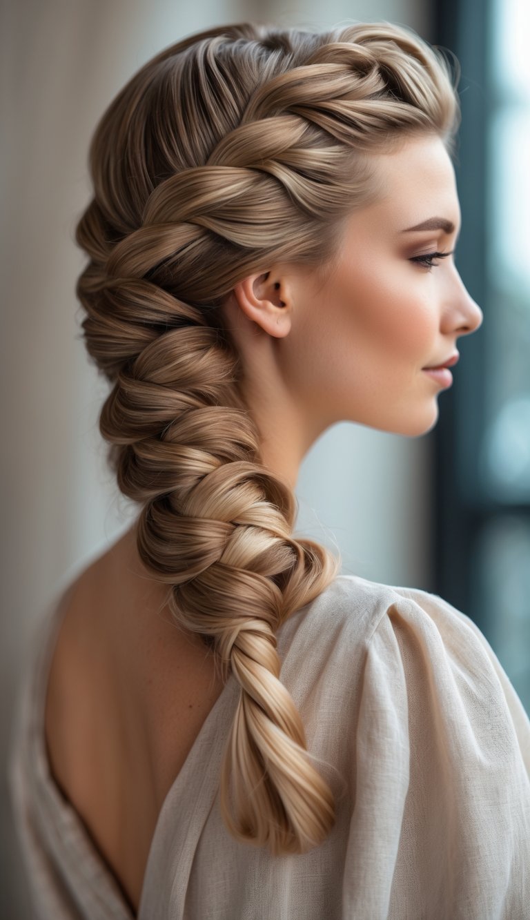 Close-up of a woman with a twisted fishtail braid over her shoulder.