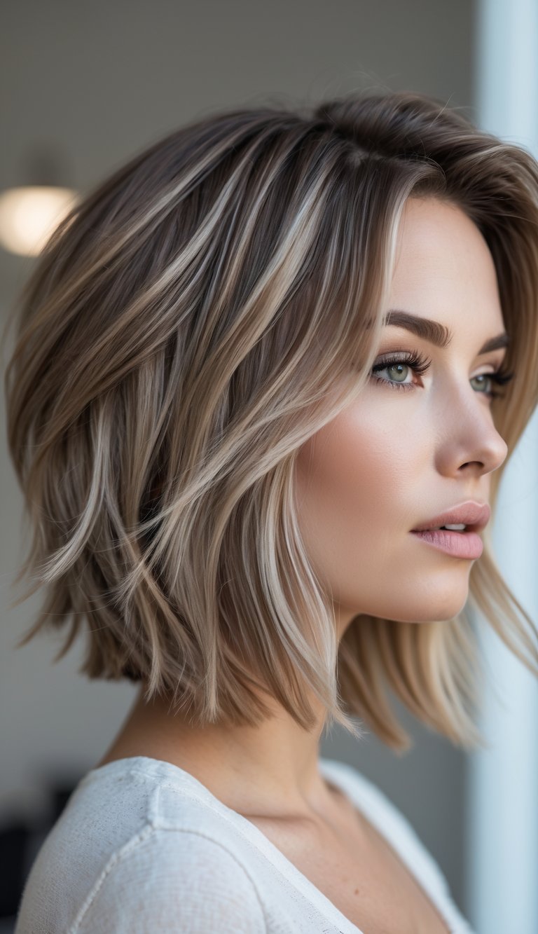Close-up of a woman with layered shoulder-length hair and a soft, blurred background.
