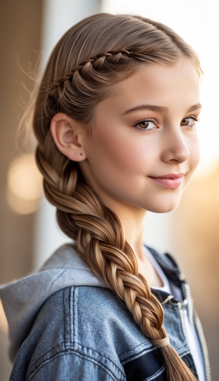 Teenage girl with a neat four strand braid over her shoulder, smiling softly against a blurred warm background.