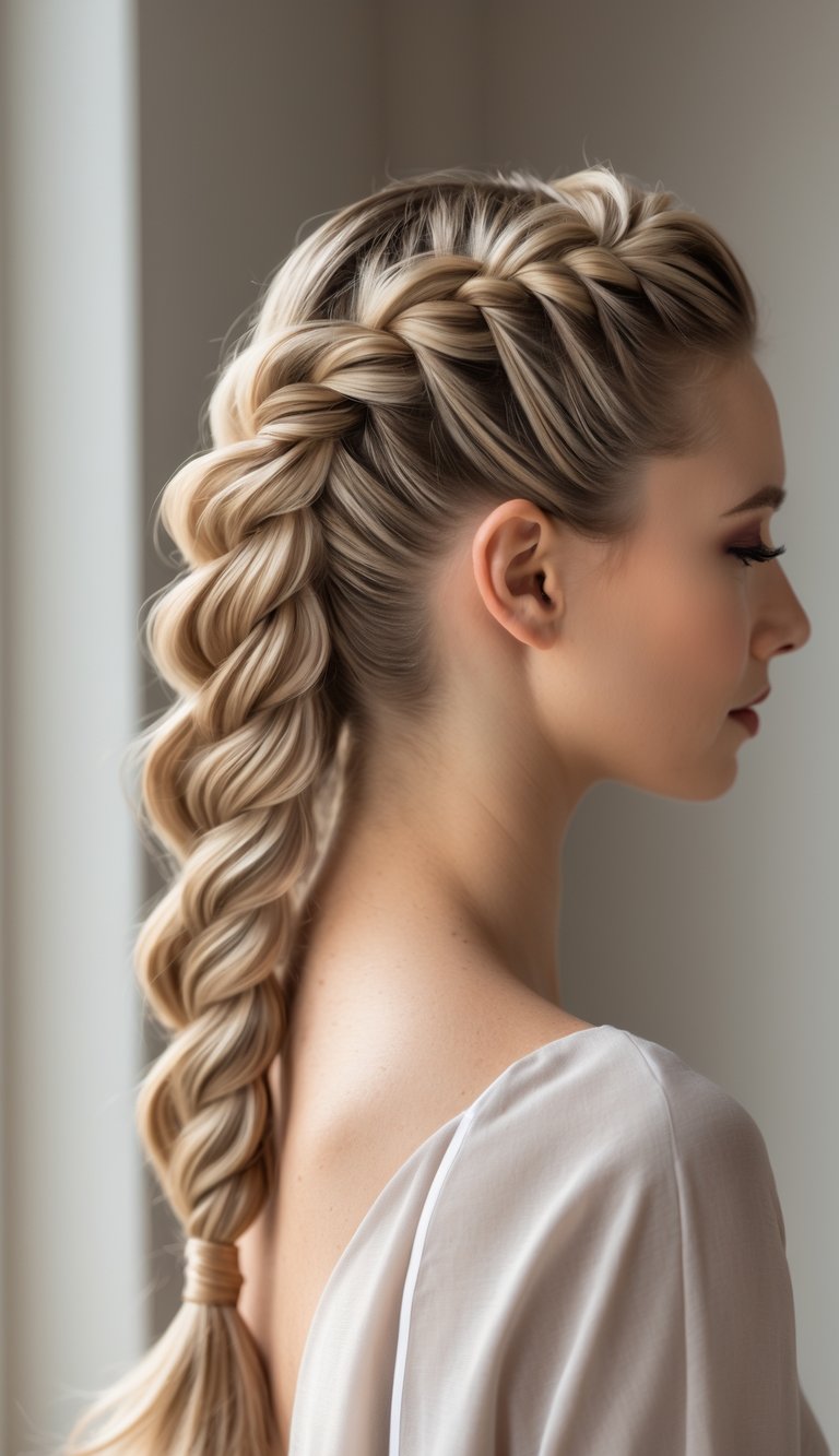 A woman with a fishtail braid with highlights, shown from the side against a blurred background.