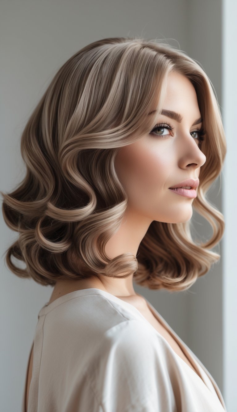Close-up portrait of a woman with shoulder-length curled hair against a plain background.
