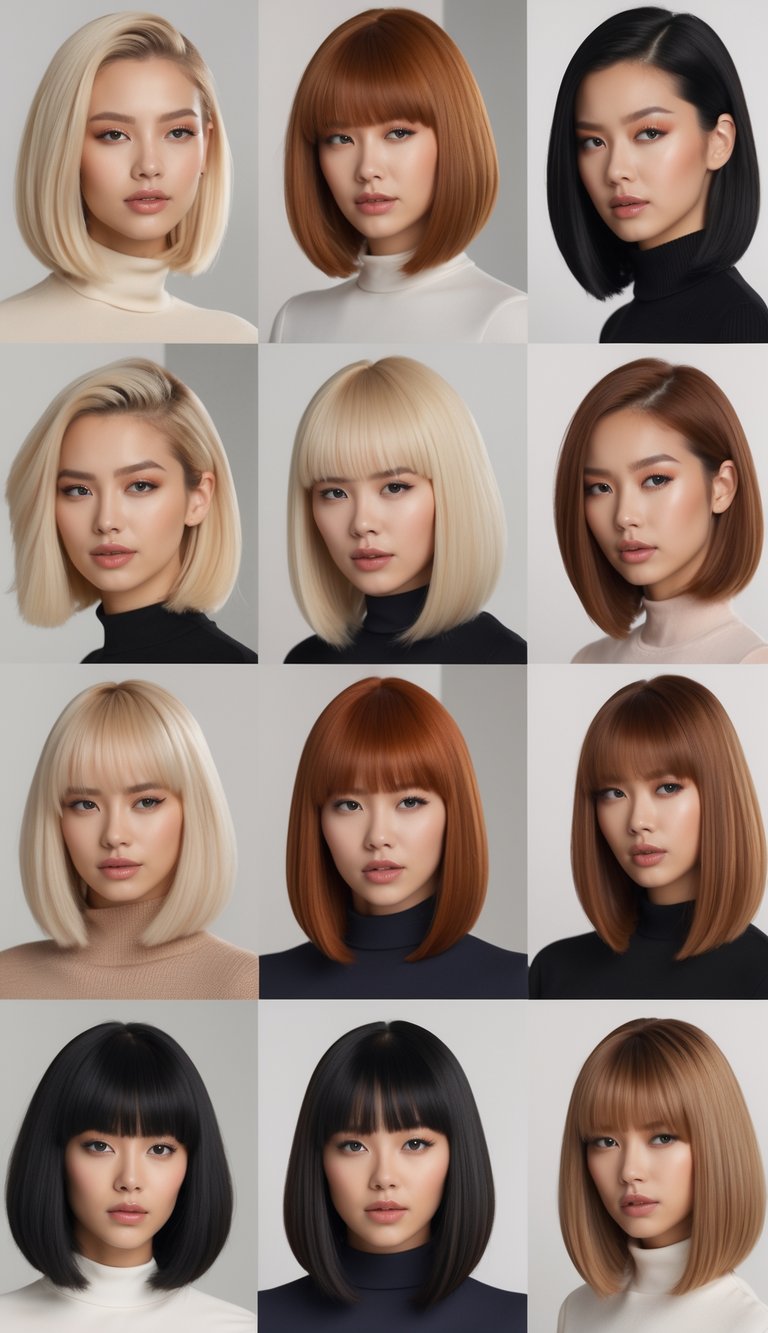 A group of women with various inverted long bob hairstyles posing in a bright studio setting.