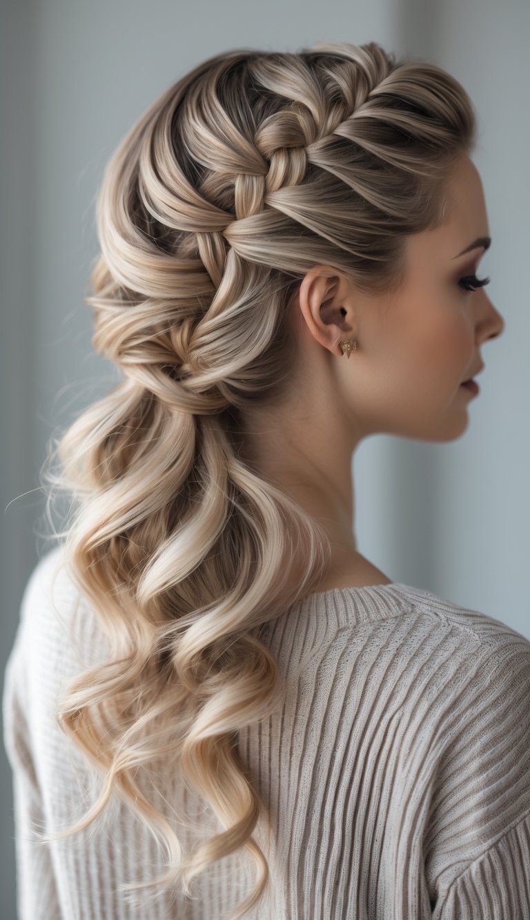 Close-up of a woman with a fishtail braid combined with soft waves in her hair, shown from the back and side.