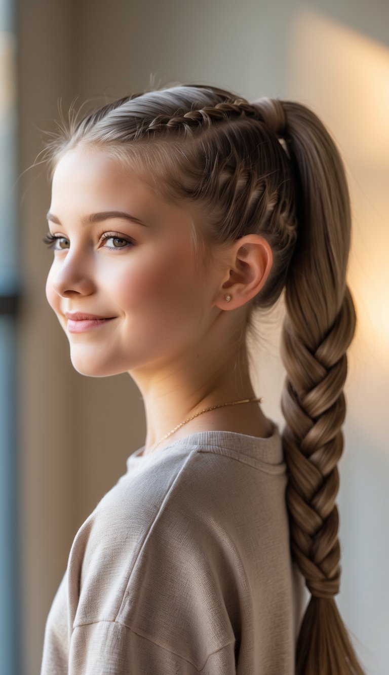 Teenage girl with a wrapped braid ponytail smiling and looking to the side.