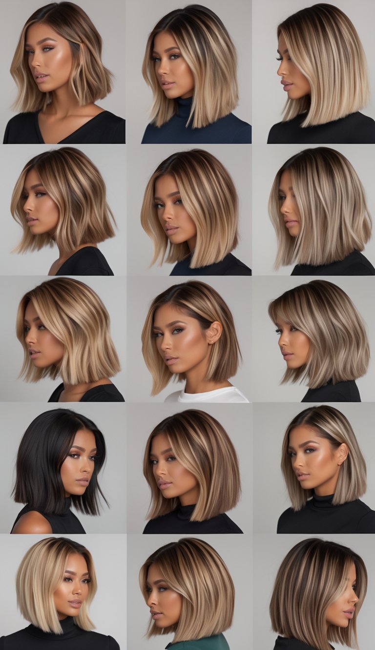 A group of women displaying various long bob hairstyles with highlights in a studio setting.