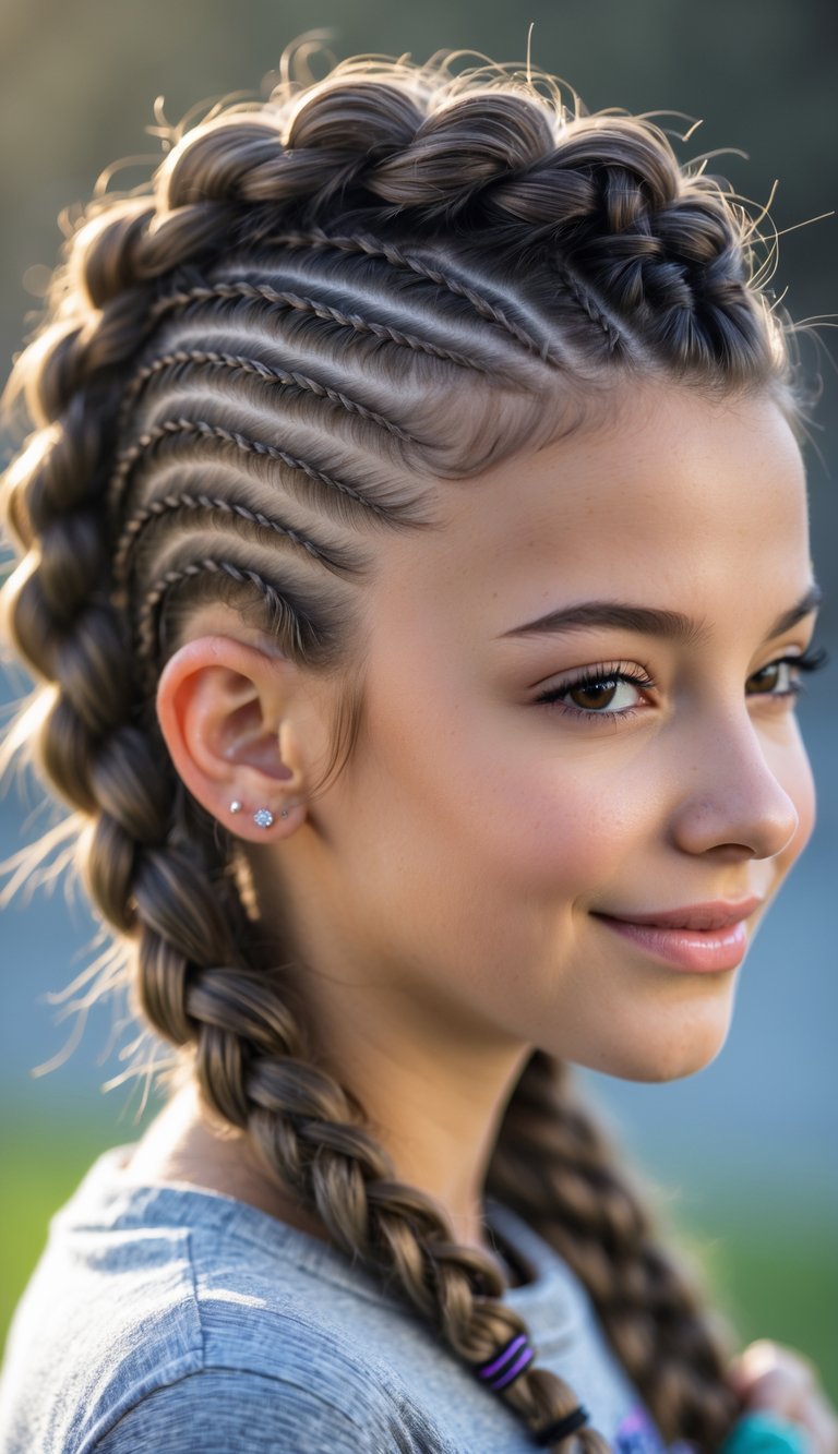 Teenage girl with a braided Mohawk hairstyle smiling outdoors.