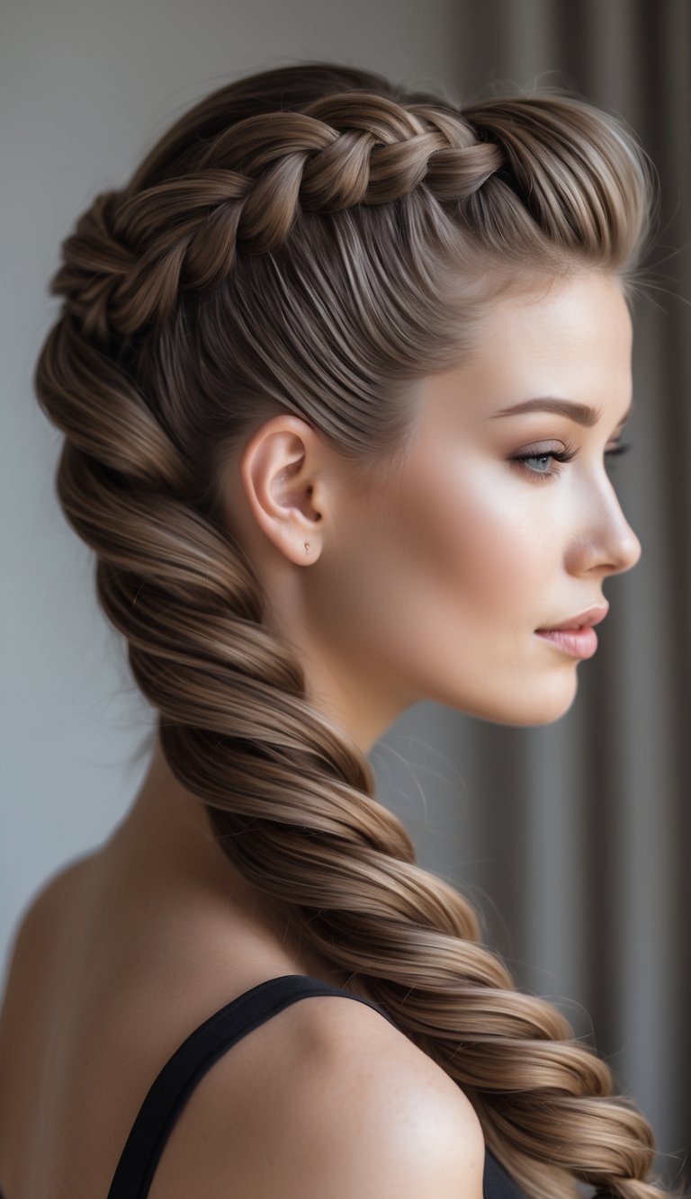 Close-up of a woman with a thick high fishtail braid cascading over her shoulder against a blurred neutral background.