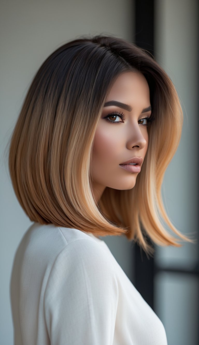A woman with shoulder-length hair showing a smooth color gradient from dark brown to blonde, looking confidently at the camera.