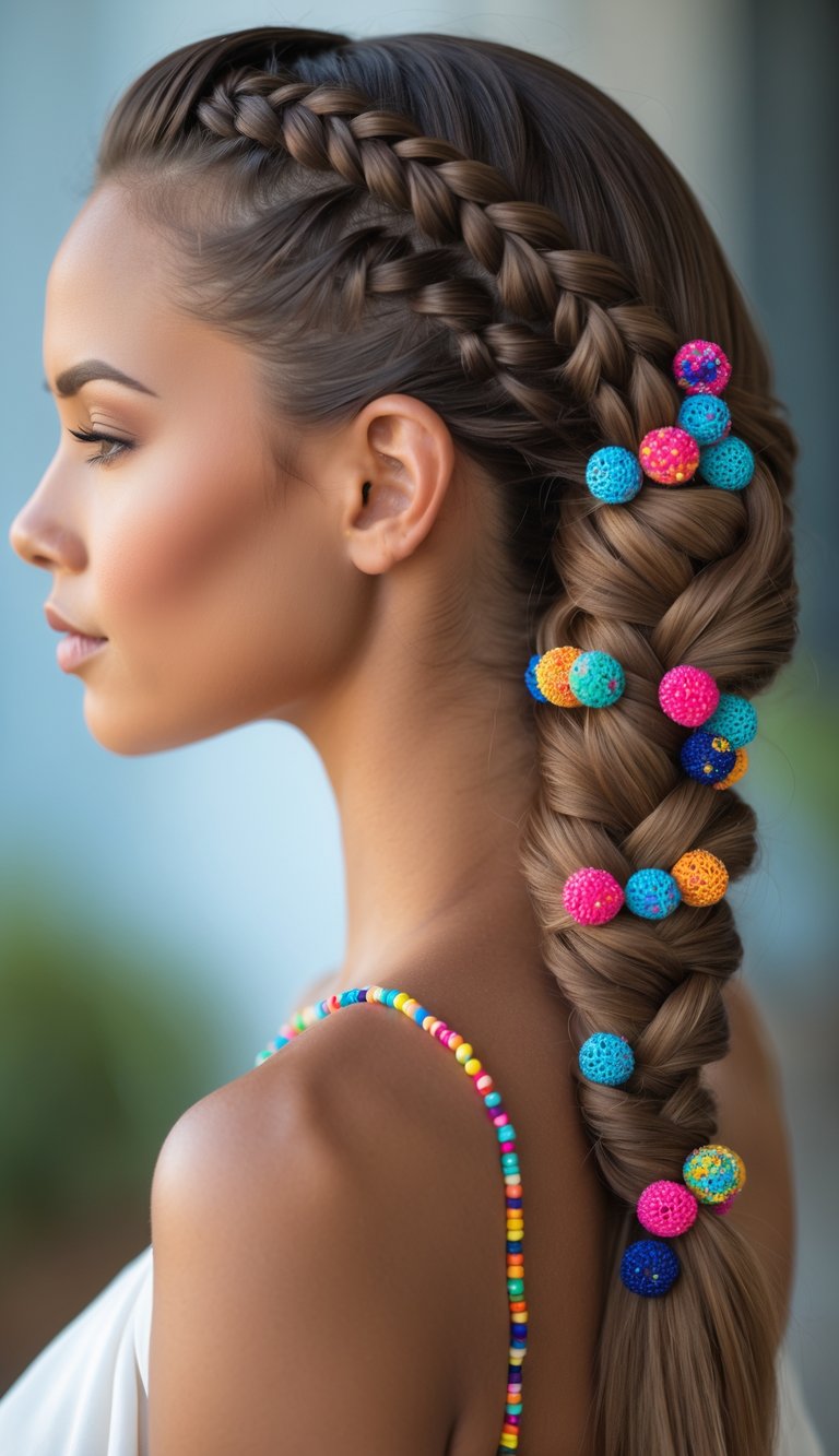 Close-up of a woman with a fishtail braid decorated with colorful beads over her shoulder.