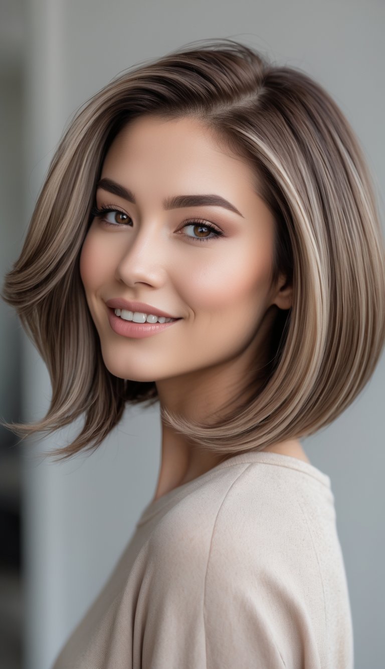 A young woman with a long bob haircut and face-framing layers smiling gently against a blurred neutral background.