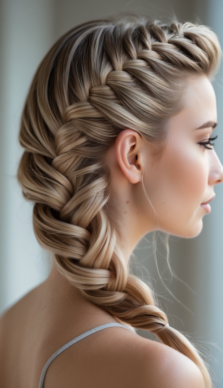 Close-up of a woman with a neatly styled zigzag fishtail braid in her hair.
