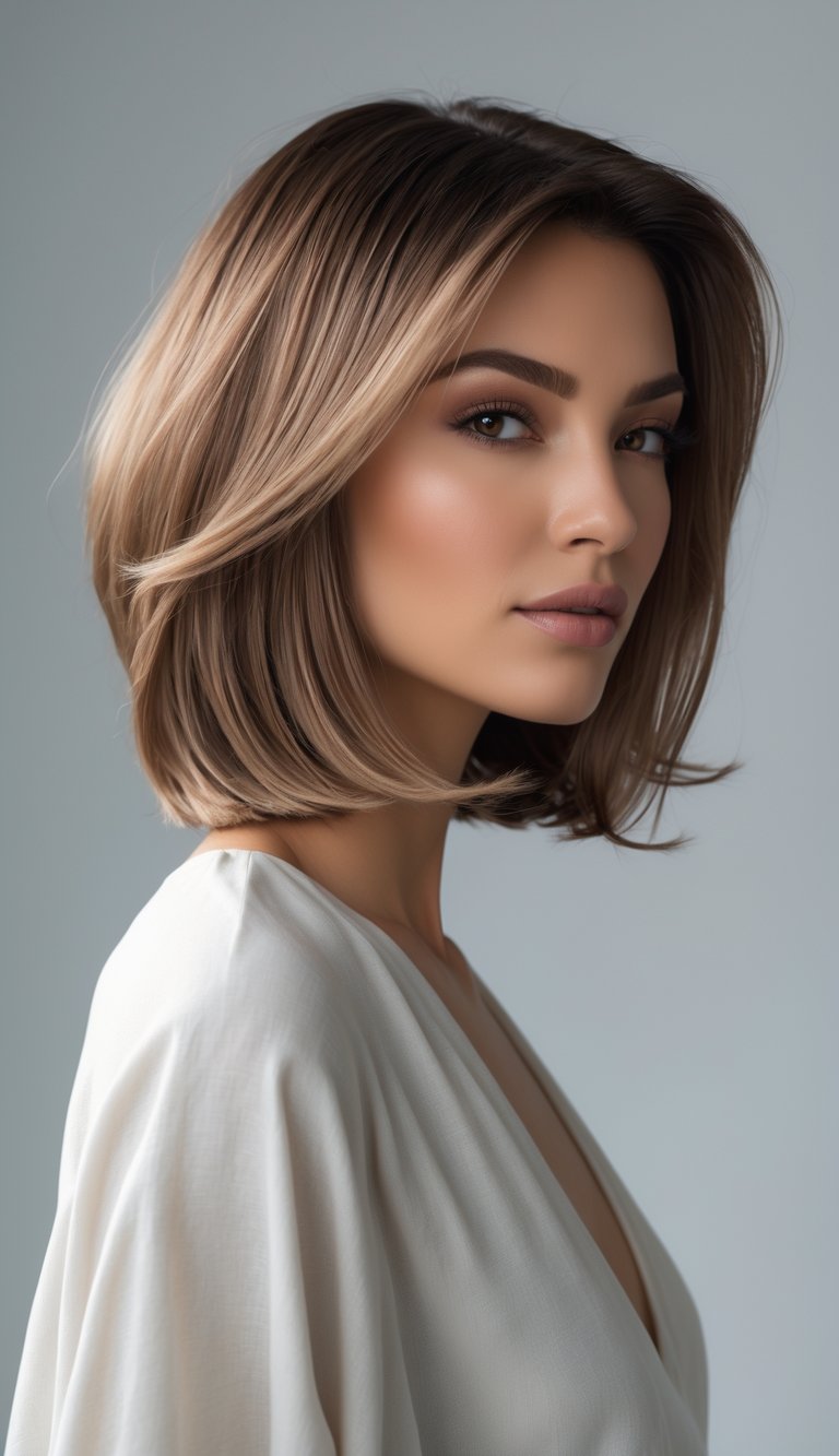 A woman with a shoulder-length bob hairstyle with textured ends, smiling gently against a plain background.