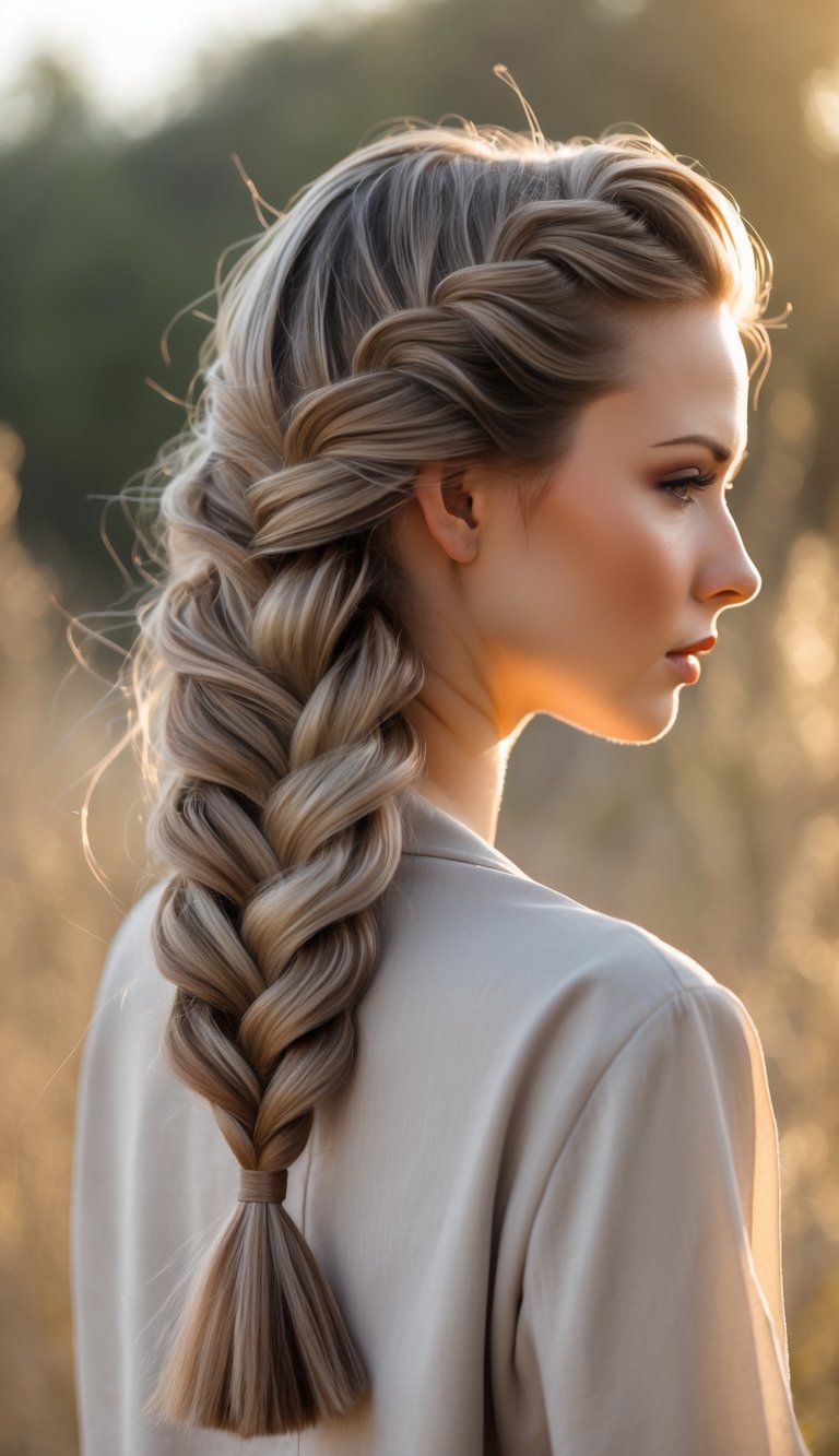 A woman outdoors with a side-swept braid over one shoulder, with natural light highlighting her hair.