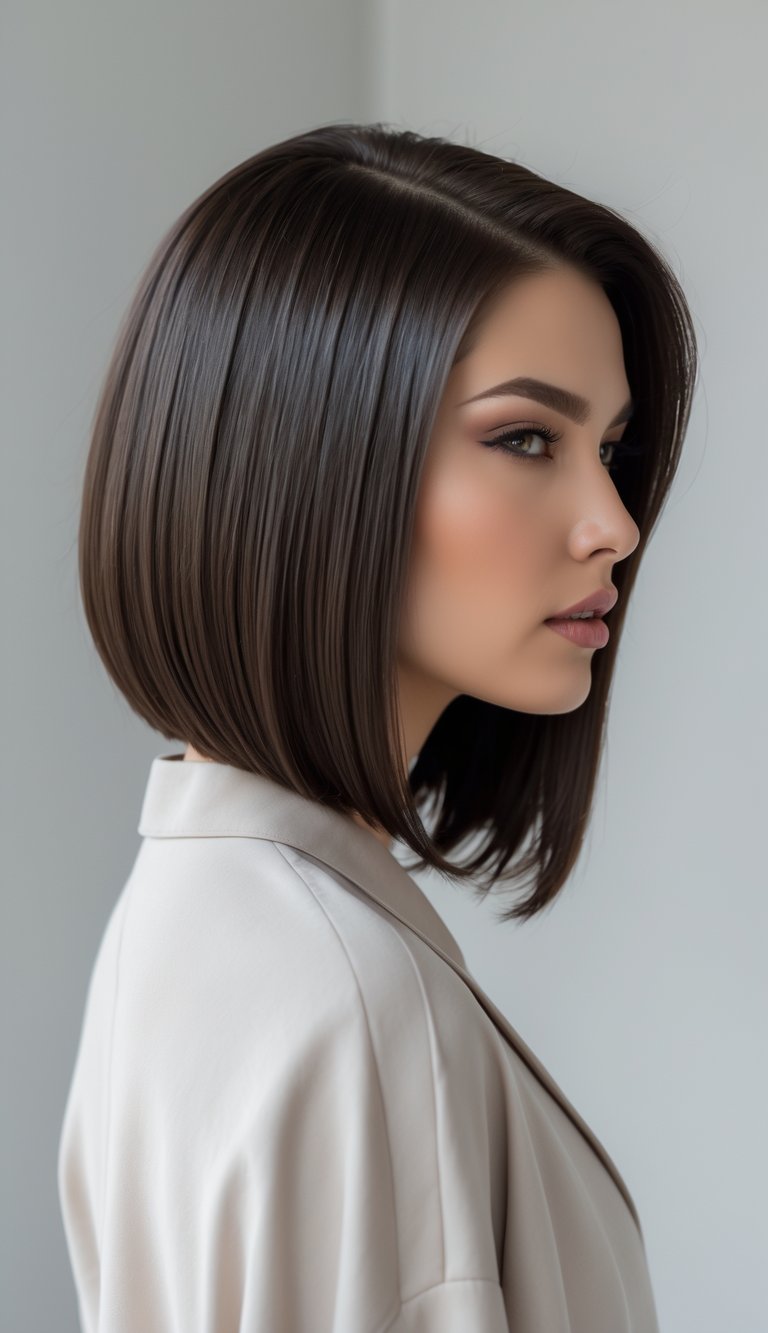 A woman with a long bob hairstyle and a deep side part, shown from the shoulders up against a plain background.