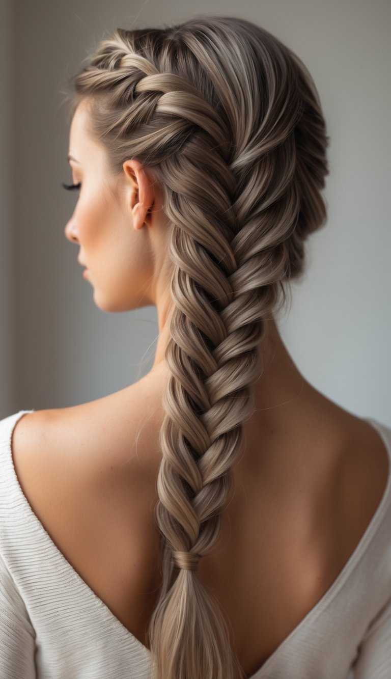 Close-up of a woman with a fishtail braid and loose strands of hair around her face.