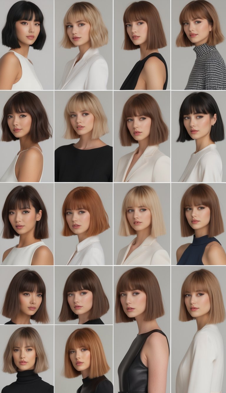 A group of women with various long bob hairstyles with bangs posing together in a studio.