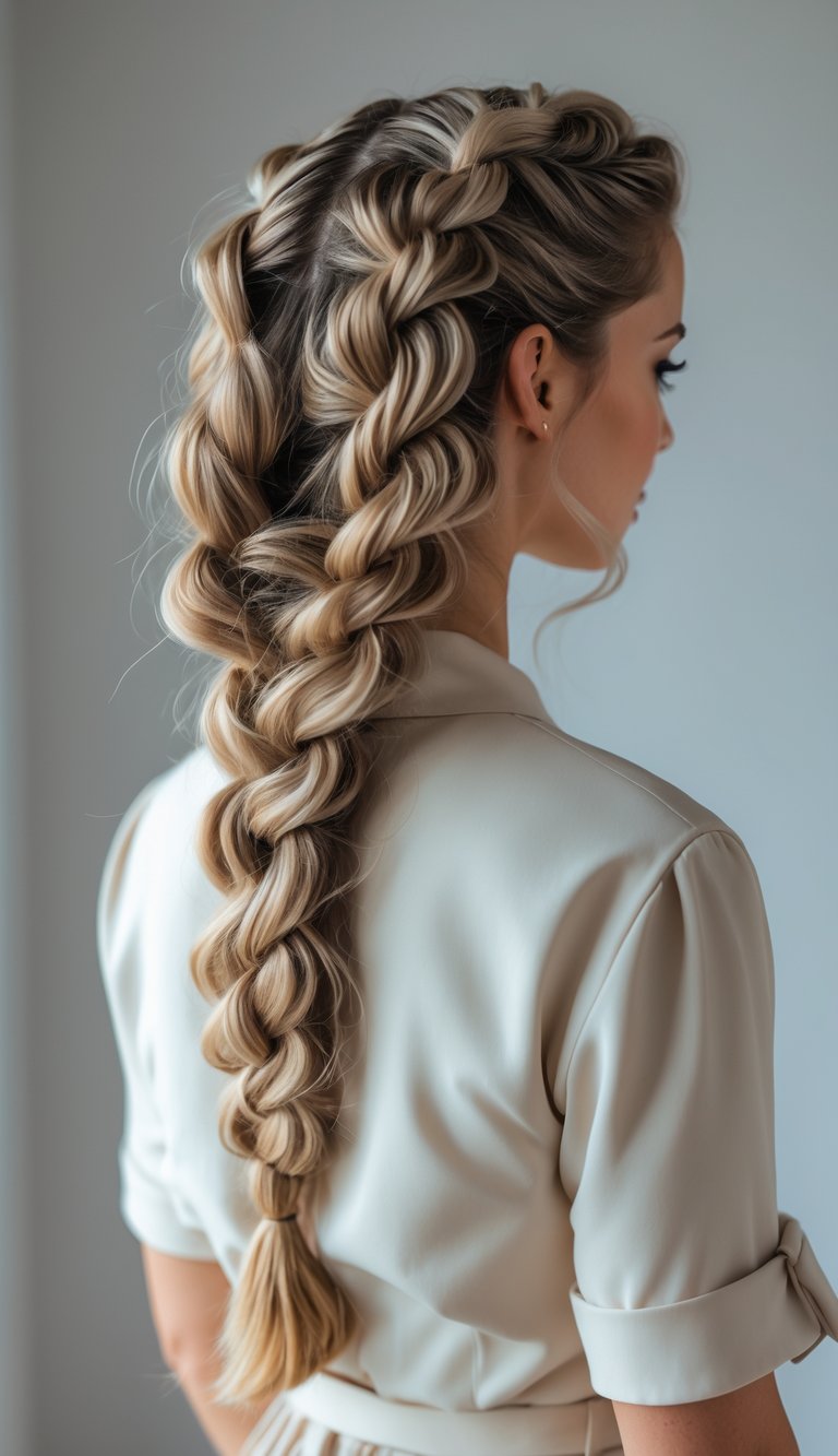 A woman with a thick fishtail braid hairstyle viewed from the back and side in a studio setting.
