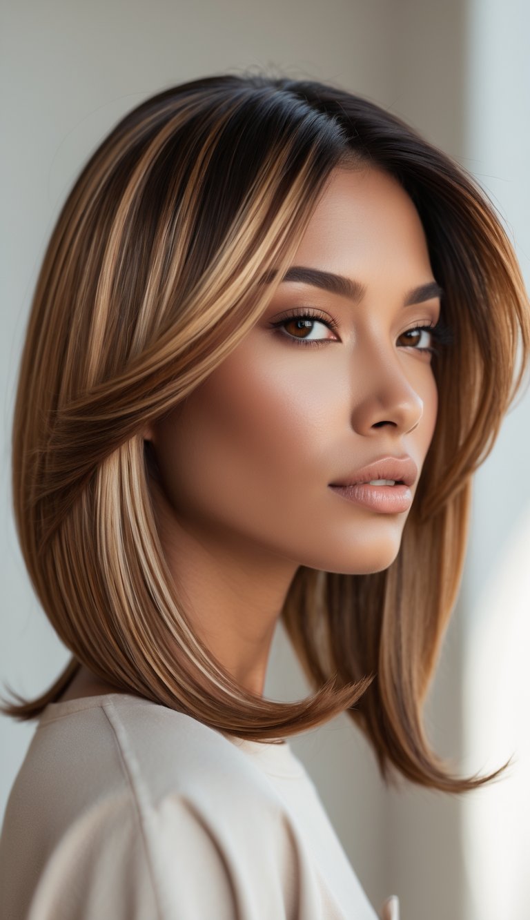 Close-up of a woman with shoulder-length hair featuring caramel highlights.