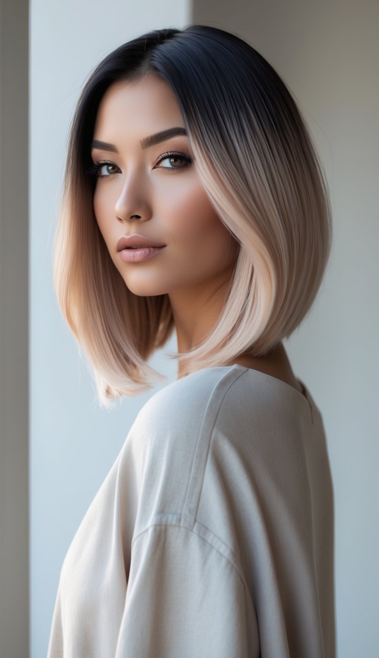 A woman with shoulder-length hair featuring a gradual color transition, posing against a plain background.