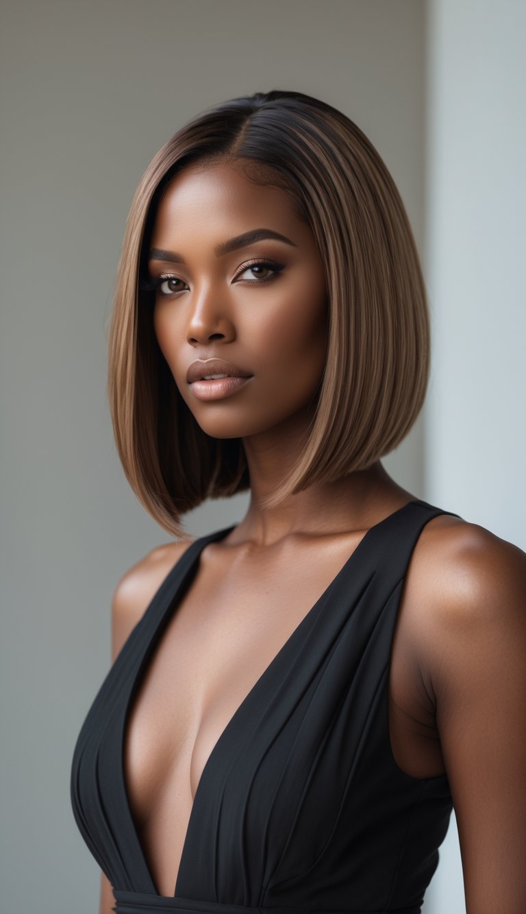 A woman with a long bob haircut wearing a low neckline top, posing in a studio with a neutral background.