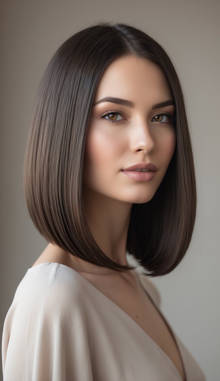 Portrait of a woman with shoulder-length hair parted in the center, looking confidently at the camera.